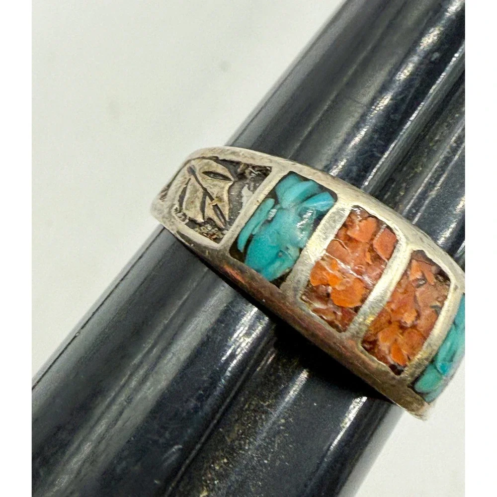 VTG Sterling Silver Turquoise Coral Inlay Native‎ American Ring Sz 8.25 Broken